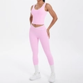 Detail of high-waist yoga set with pink color block and V-shaped crossover waistband - Sakura Pink