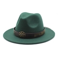 Detail of dark green wool fedora featuring brown leather band and antique brass floral buckle - Dark Green