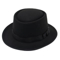 Detailed view of British style black felt pork pie hat with a classic satin ribbon band - Black