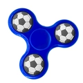 Top view of blue three-leaf fidget spinner with black and white soccer ball patterns - Classic Blue Soccer Pattern