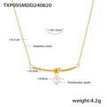 Gold stainless steel necklace with freshwater pearl and dimensions displayed - Gold Necklace (TXP095)