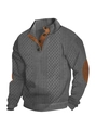 Close-up of grey knit sweater featuring a stand collar with buttons and brown elbow patches - S / Tops / Dark Gray