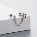 Titanium steel ear bone stud with opal star, colorful gemstone, and silver chain detail - Double Star Opal Chain Style (A22-5#)