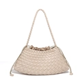 Handwoven cream faux leather shoulder bag with classic lattice weave and drawstring closure - Off-white