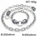 Silver stainless steel lion head buckle bracelet and necklace set with box chain links - Lion Head Set (KS217057-Z)