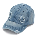 Detail of washed denim baseball cap featuring vintage distressed holes and stitching - One Size (56-60cm) / Sky Blue (C)