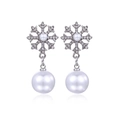Sparkling silver snowflake earrings with rhinestones and white pearl drop pendant - Silver Pearl Snowflake Stud Earrings