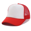 Detail view of red and white two-tone mesh trucker hat with curved brim and breathable back - One Size / Red + White