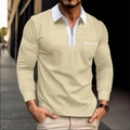 Men's long sleeve polo shirt in beige with white collar and zipper neck detail - S / Khaki & White Patchwork
