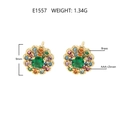 Green zircon flower stud earring in brass with multi-color stone halo, 9mm diameter - Green