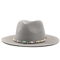 Detail of grey straw fedora with bohemian shell beads and ethnic pattern hatband - M (56-58cm) / Gray