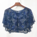 Blue sequined mesh capelet shawl with elegant embroidery and sheer beaded short poncho - Dark Blue