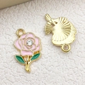 Golden rose enamel pendant and fan charm with sparkling rhinestone inlay for DIY jewelry - Pink Rhinestone Rose (16691)
