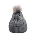 Bonnet en maille torsadée grise avec pompon en fausse fourrure et revers épais chaud - Gris