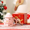 Tazza di Natale in ceramica rosa con coperchio a stella dorata e scatola regalo - Rosa Scatola