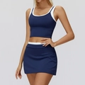 Navy blue and white contrast ribbed yoga set featuring a cropped tank top and mini skirt - S / Top And Bottom (Tank Top + Skirt) / Navy Blue
