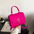 Hot pink crocodile pattern crossbody handbag with golden metal lock and single handle - Rose Red