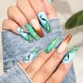 Peacock design long coffin nails with blue-green gradient and glossy finish on model - Peacock Gradient Style (Includes Jelly Glue + Nail File)