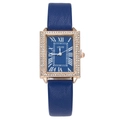 Elegant rectangular rose gold women's watch with blue leather strap and crystal bezel - Blue