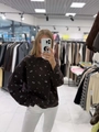 Relaxed fit dark brown crewneck sweater with delicate white floral pattern knit details - Black