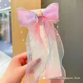 Girl's large gradient organza bow hair clip with 25cm pearls and rhinestone tassels - Purple Gradient With Pearl Chain
