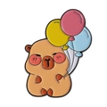 Cartoon capybara enamel pin holding colorful balloons for backpack decoration - Balloons Capybara