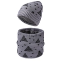 Fleece lined winter knit hat and neck warmer set with Christmas cedar patterns in grey - Gray