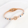 Rose gold titanium steel evil eye bangle with sparkling white stones on white background - Rose Gold