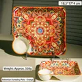Bohemian ceramic dumpling plate with built-in sauce dish and orange mandala pattern - Bohemian Dumpling Plate / Orange