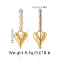 Detailed view of long gold heart drop earrings with white zircon studs and dimensions - Marquise Zirconia with Puffy Gold Heart