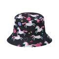 Black bucket hat featuring colorful unicorn and floral prints with stars for women - Black Unicorn (A)
