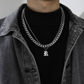 Double-layer silver Cuban chain necklace with Gothic letter R pendant for men - Letter R (Double Chain + Pendant)