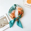Artistic silk scarf with blue, orange and pink color block patterns for women - Orange Cyan Leaves