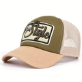 Dettaglio del cappellino trucker mesh oliva e beige con patch ricamata Style original - Cachi Verde Patch