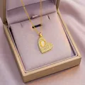 Golden heart pendant necklace with teardrop cat eye stone and pavé zircon detailing - 6040 Cat Eye Heart / Gold