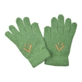 Close-up of green knitted winter gloves featuring an orange embroidered smiley face pattern - One Size / Green