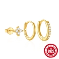S925 sterling silver gold plated 3-piece earring set with flower stud and hoops - Set of 3-Gold#1