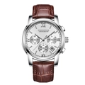 Chronograph watch for men with silver dial, brown leather strap, and date window display - Brown Leather Strap Silver Case Silver Dial
