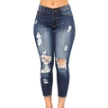 Damen Skinny Jeans mit hoher Taille und modischen Rissen in blauer Waschung für Streetstyle - S / Dunkelblau