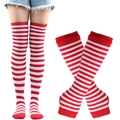 Striped over-the-knee socks and matching fingerless arm warmers set in red and white - Red White Thin Striped Socks and Gloves
