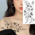 Sketch style black and white rose floral temporary tattoo sticker on model shoulder - Pattern BK-001