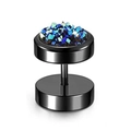 Macro shot of black stainless steel dumbbell earring with blue iridescent crystals - Black Base - Blue Druzy / 10mm