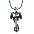 Pendentif épée dragon argent et noir serti d'une pierre précieuse verte - Pierre gemme synthétique verte avec chaîne en os de serpent en alliage (femme)