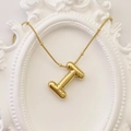 Chubby 3D puffed letter I pendant in gold finish on beaded snake chain necklace - Gold Letter I