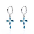 S925 silver hoop earrings featuring cross pendants with blue trapezoid crystal stones - Blue Silver