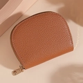 Brown lychee grain leather semi-circular accordion card case with golden zipper - Tan