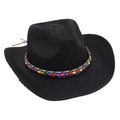 Detail of colorful ethnic beads on a black woven straw cowboy hat with a wide brim - Black