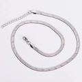Detailed close-up of a silver stainless steel flat snake chain with lobster clasp on white background - Steel Color Decorative Pattern