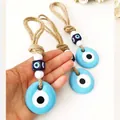 Handmade hemp rope evil eye hanging ornament with 4cm blue glass bead for wall or car decor - Light Blue Circle