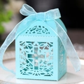 Dettaglio della scatola per bomboniere azzurra intagliata con croce e nastro in organza - Blu Tiffany